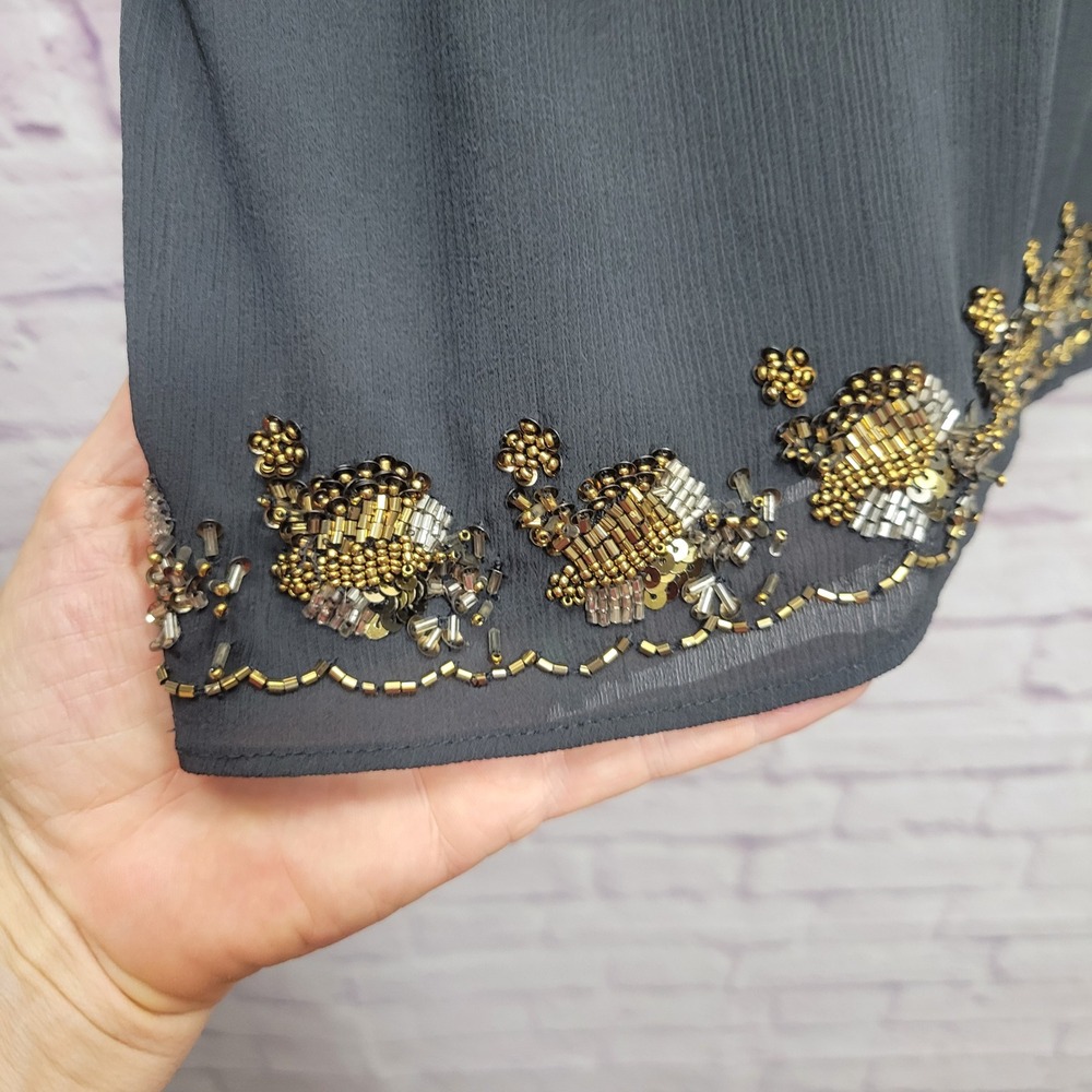 NEW ZARA Beadwork Hem Sheer Cowl Neck Blouse S Black‎ Coquette Whimsigoth Dark - Picture 6 of 11